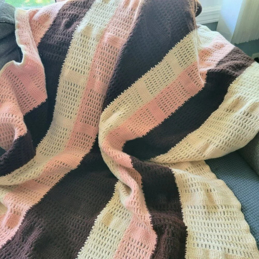 Vintage Crochet Afghan Blanket With Pink, Cream & Brown Stripes Handmade Throw
